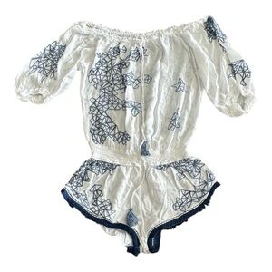 Poupette St Barth White and Blue Embroidered Beach Romper